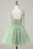 Green A-Line Corset Homecoming Dress with Embroidered