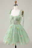 Green A-Line Corset Homecoming Dress with Embroidered