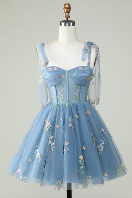 Blue A-Line Corset Homecoming Dress with Embroidered