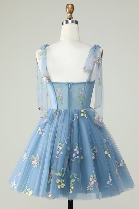 Blue A-Line Corset Homecoming Dress with Embroidered