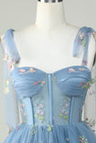 Blue A-Line Corset Homecoming Dress with Embroidered