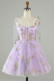 Lavender A-Line Corset Homecoming Dress with Embroidered