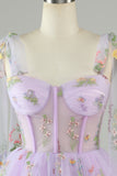 Lavender A-Line Corset Homecoming Dress with Embroidered