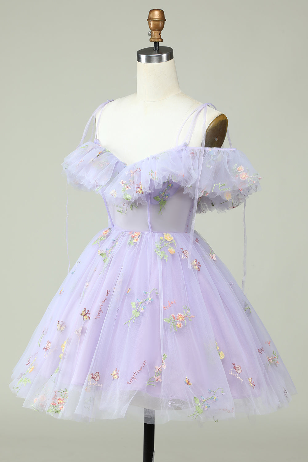 Off the Shoulder Lavender Embroidery Homecoming Dress with Ruffles