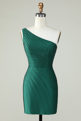 One Shoulder Dark Green Tight Homecoming Dress with Beaded