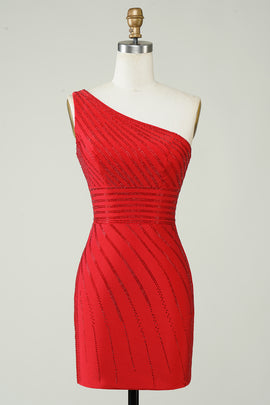 One Shoulder Red Tight Homecoming Dress with Beaded