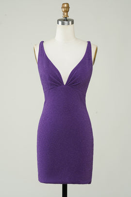 Tight Dark Purple Short Homecoming Dress with Criss Cross Back