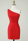 One Shoulder Red Tight Homecoming Dress with Beaded