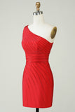 One Shoulder Red Tight Homecoming Dress with Beaded