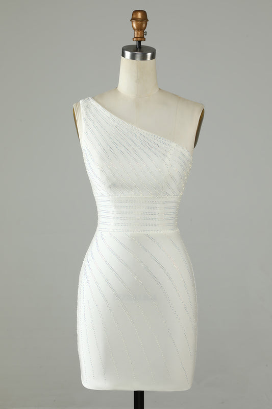 One Shoulder White Tight Homecoming Dress with Beaded