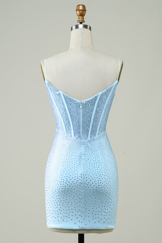 Blue Spaghetti Straps Sparkly Tight Homecoming Dress with Beading