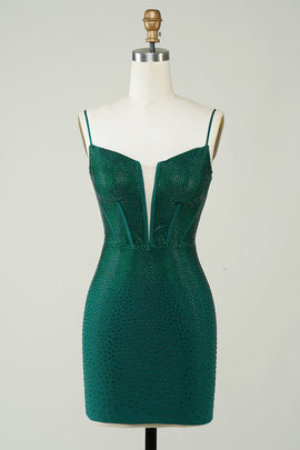 Dark Green Spaghetti Straps Sparkly Tight Homecoming Dress with Beading