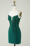 Dark Green Spaghetti Straps Sparkly Tight Homecoming Dress with Beading