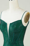 Dark Green Spaghetti Straps Sparkly Tight Homecoming Dress with Beading