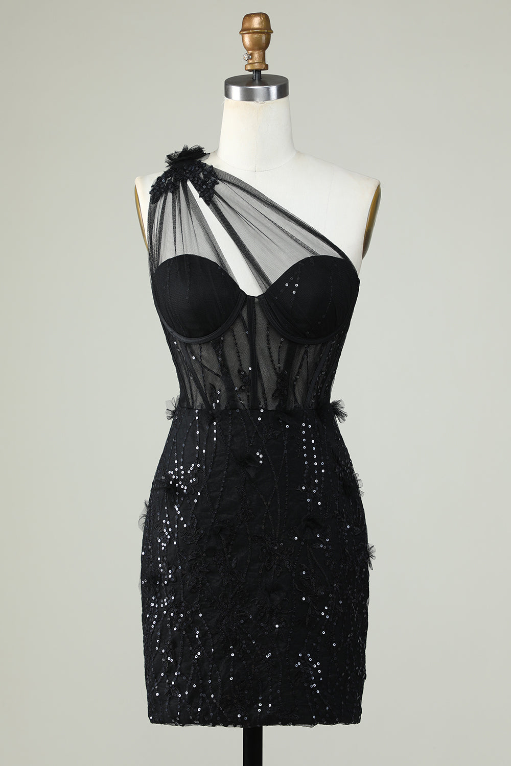 One Shoulder Black Corset Homecoming Dress with Sequins