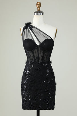 One Shoulder Black Corset Homecoming Dress with Sequins