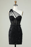 One Shoulder Black Corset Homecoming Dress with Sequins