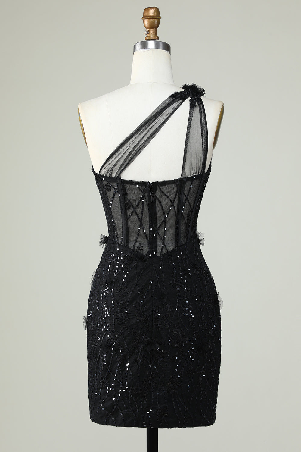 One Shoulder Black Corset Homecoming Dress with Sequins