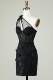 One Shoulder Black Corset Homecoming Dress with Sequins