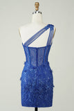 One Shoulder Blue Corset Homecoming Dress with Sequins