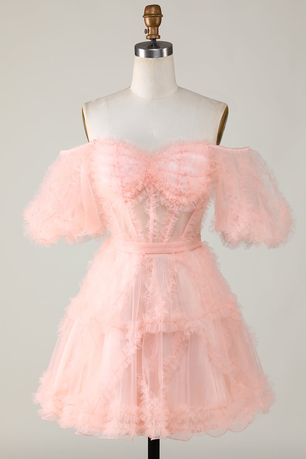 Stylish Off the Shoulder Pink Tulle Corset Homecoming Dress