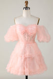 Stylish Off the Shoulder Pink Tulle Corset Homecoming Dress