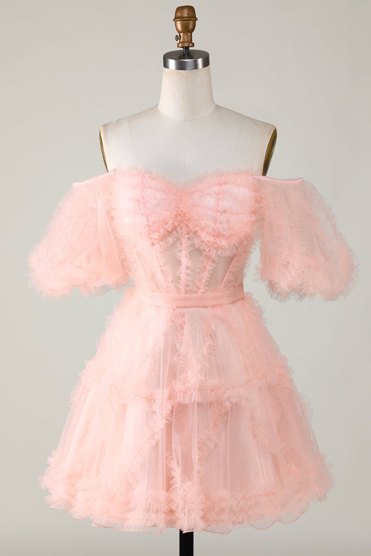 Stylish Off the Shoulder Blush Tulle Corset Homecoming Dress