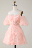 Stylish Off the Shoulder Pink Tulle Corset Homecoming Dress