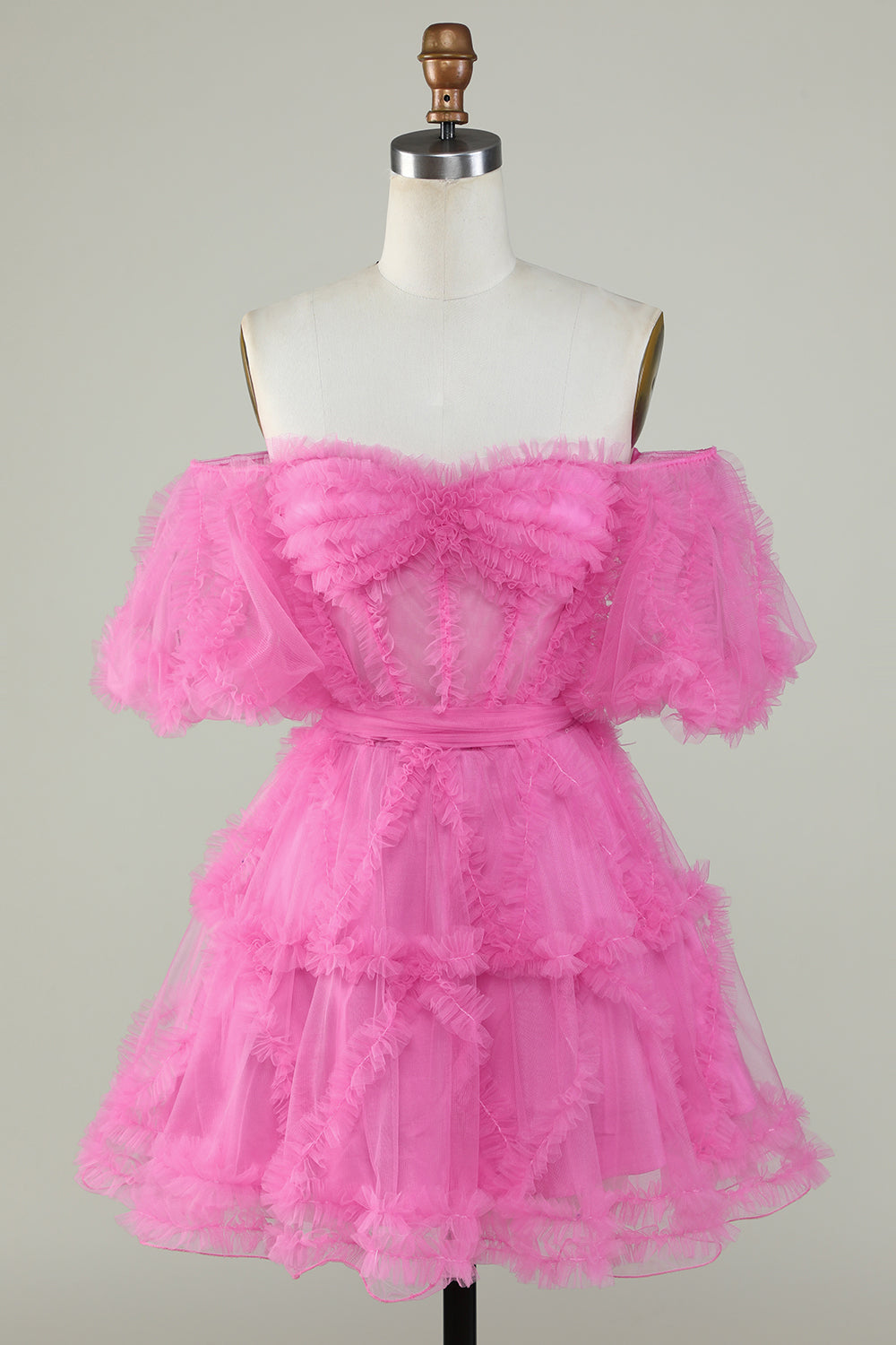 Stylish Off the Shoulder Pink Tulle Corset Homecoming Dress