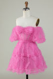 Stylish Off the Shoulder Pink Tulle Corset Homecoming Dress