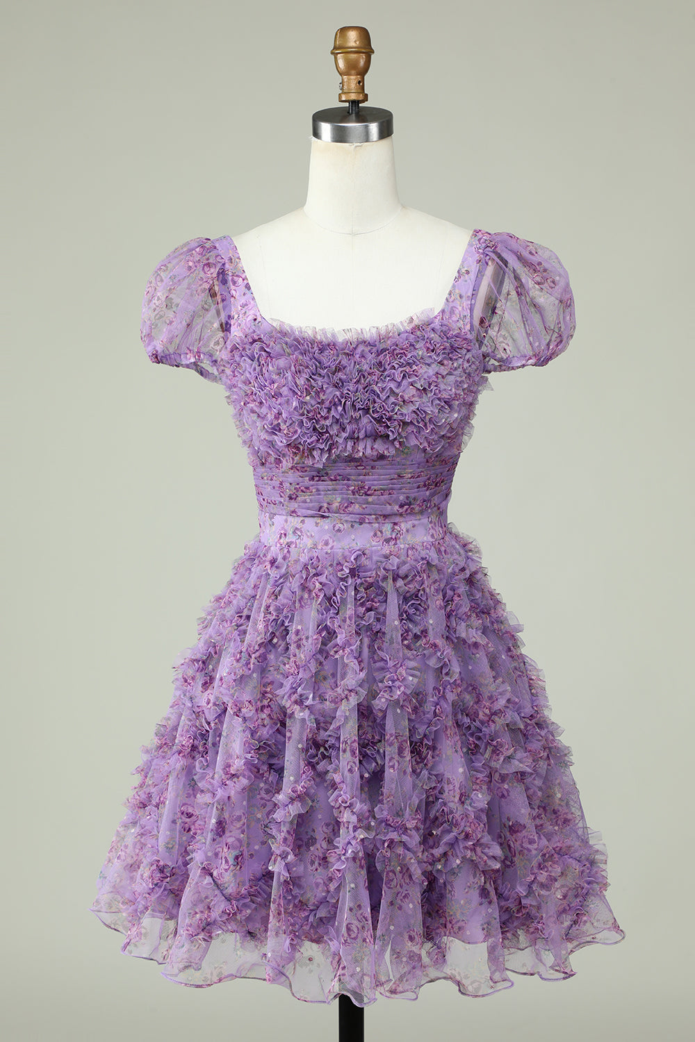 Floral Purple Homecoming Dress with Ruffles