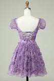 Floral Purple Homecoming Dress with Ruffles