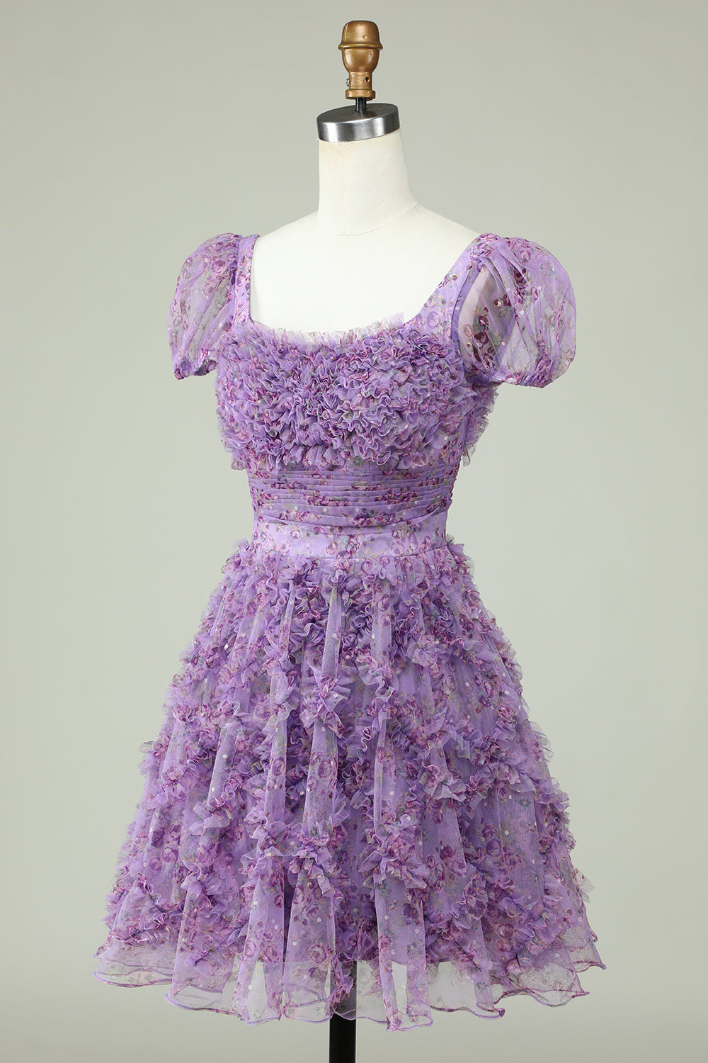 Floral Purple Homecoming Dress with Ruffles