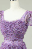 Floral Purple Homecoming Dress with Ruffles