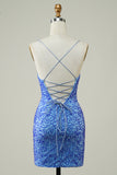 Glitter Tight Blue Short Homecoming Dress wiyh Beaded