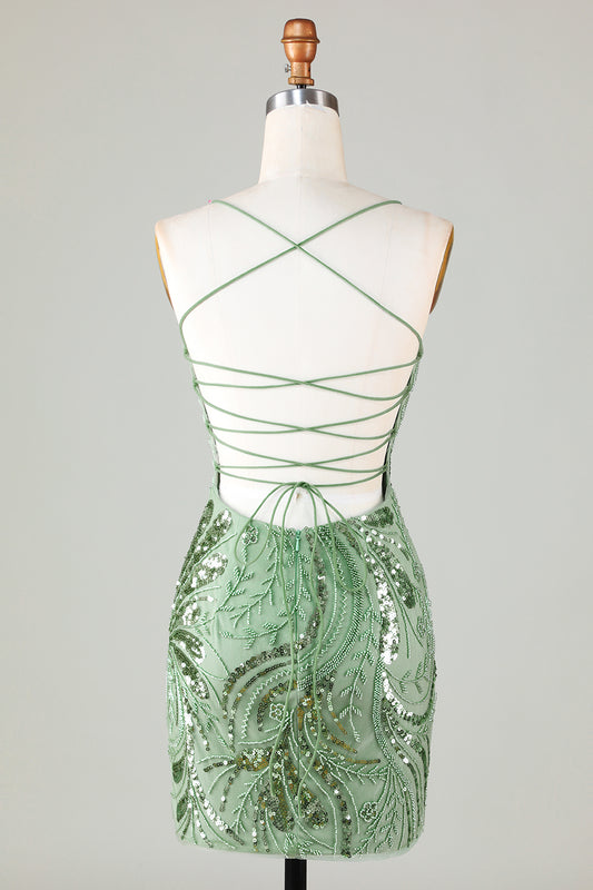 Sparkly Spaghetti Straps Green Homecoming Dress with Beading