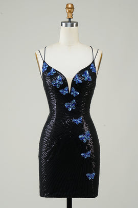 Glitter Short Black Homecoming Dress with Sequins Butterflies