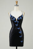 Glitter Short Black Homecoming Dress with Sequins Butterflies