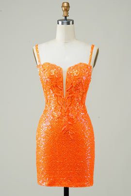 Sparkly Orange Tight Short Homecoming Dress with Beaded