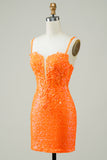 Sparkly Orange Tight Short Homecoming Dress with Beaded