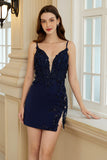 Sparkly Navy Corset Tight Short Homecoming Dress with Lace