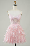 Cute A Line Spaghetti Straps Pink Sparkly Corset Homecoming Dress