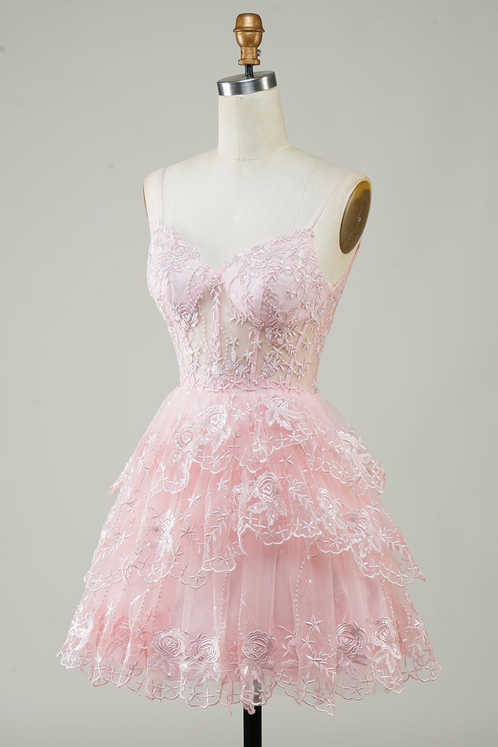 Cute A Line Spaghetti Straps Pink Sparkly Corset Homecoming Dress