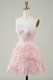 Cute A Line Spaghetti Straps Pink Sparkly Corset Homecoming Dress