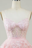 Cute A Line Spaghetti Straps Pink Sparkly Corset Homecoming Dress