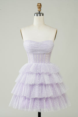 Sparkly Lilac Strapless Corset Polka Dots Tiered Cute Homecoing Dress