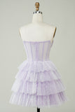 Sparkly Lilac Strapless Corset Polka Dots Tiered Cute Homecoing Dress