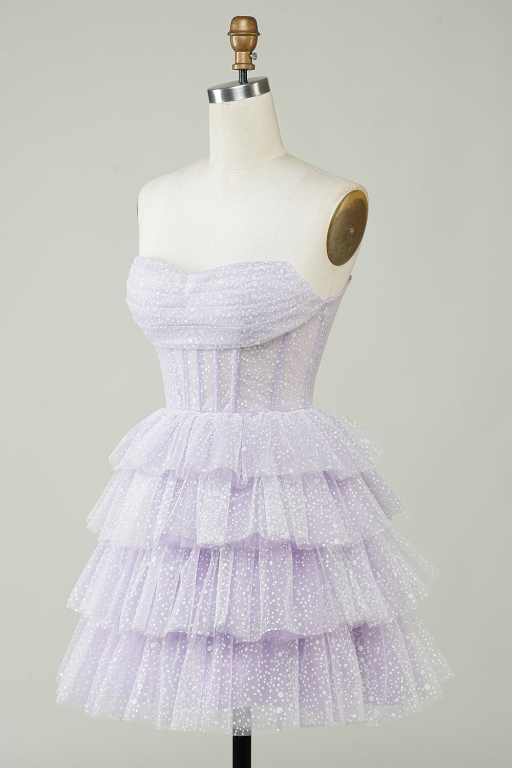 Sparkly Lilac Strapless Corset Polka Dots Tiered Cute Homecoing Dress