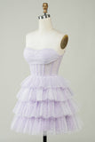 Sparkly Lilac Strapless Corset Polka Dots Tiered Cute Homecoing Dress