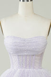 Sparkly Lilac Strapless Corset Polka Dots Tiered Cute Homecoing Dress